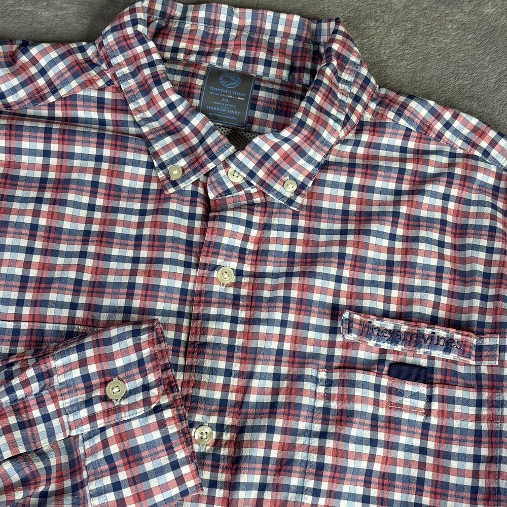 Vineyard Vines Harbor Shirt Mens 2XL Red Blue Plaid‎ Vented Fishing Button Down